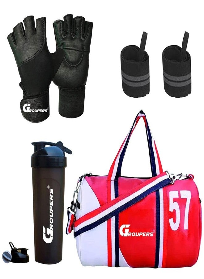 Groupers 20-25L Gym & Travel Duffel Bag Red and White 43×25×23 cm + 700ml Shaker + Weightlifting Gloves + Wrist Wraps, Fitness Accessories, Gym Kit, Workout Combo, Sports Bag - Image 1